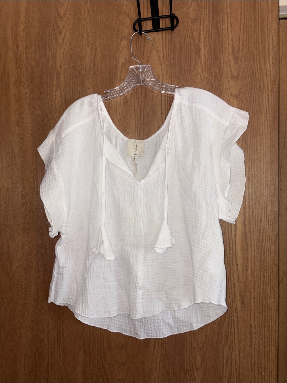 Joie White Gauze Tie-Neck Flutter Sleeve Blouse